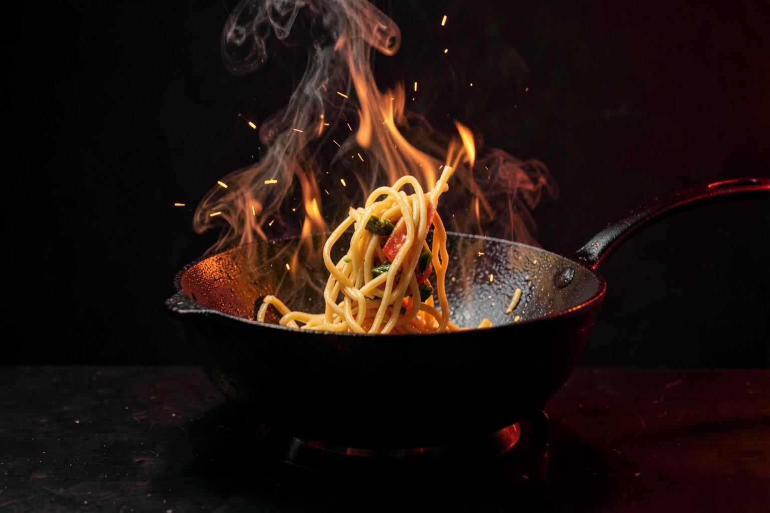 Noodles tossed over a roaring wok flame